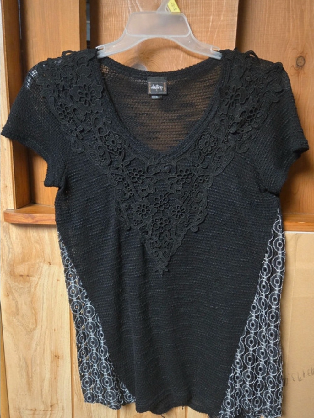 Daytrip Black Short Sleeve Top with Lace V-Neck and Contrast Side Panels